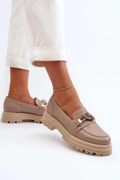 Skórzane Mokasyny Damskie Z Ozdobą Laura Messi 2780 Ciemnobeżowe