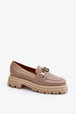 Skórzane Mokasyny Damskie Z Ozdobą Laura Messi 2780 Ciemnobeżowe