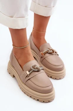 Skórzane Mokasyny Damskie Z Ozdobą Laura Messi 2780 Ciemnobeżowe