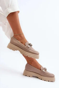 Skórzane Mokasyny Damskie Z Ozdobą Laura Messi 2780 Ciemnobeżowe