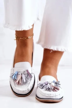 Skórzane Mokasyny Damskie Z Frędzlami Białe Laressa