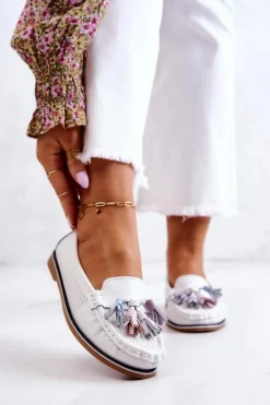 Skórzane Mokasyny Damskie Z Frędzlami Białe Laressa