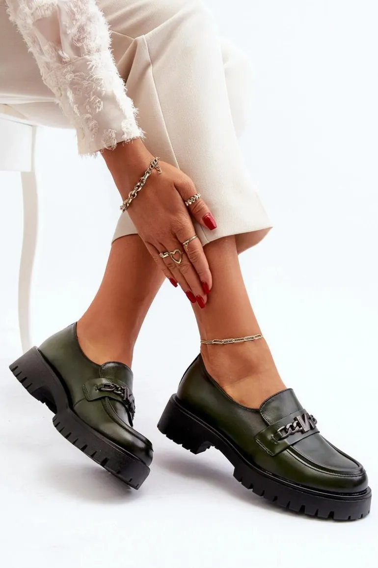 Skórzane Mokasyny Damskie Z Ozdobą Ciemnozielone Loraleima