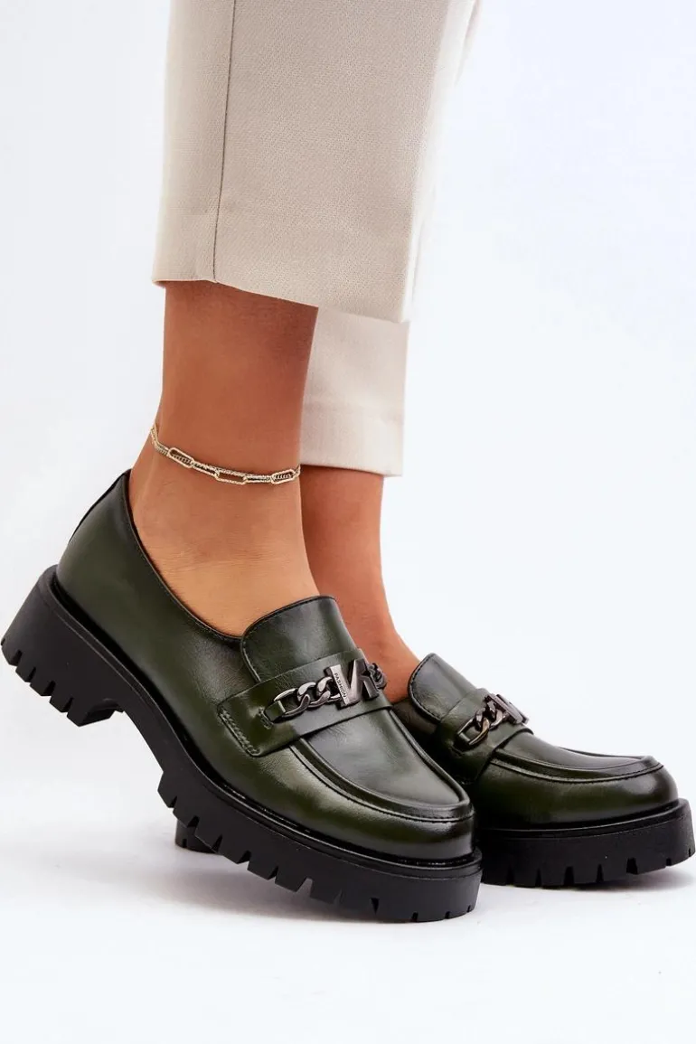 Skórzane Mokasyny Damskie Z Ozdobą Ciemnozielone Loraleima