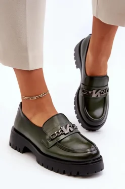Skórzane Mokasyny Damskie Z Ozdobą Ciemnozielone Loraleima