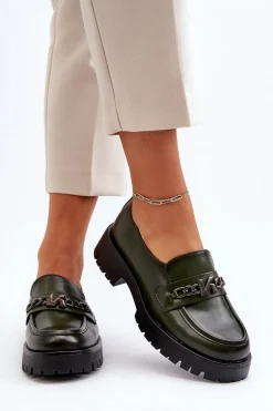 Skórzane Mokasyny Damskie Z Ozdobą Ciemnozielone Loraleima