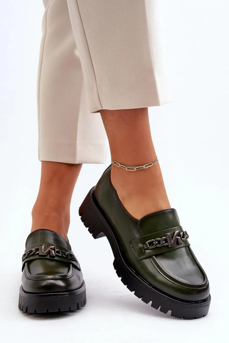 Skórzane Mokasyny Damskie Z Ozdobą Ciemnozielone Loraleima