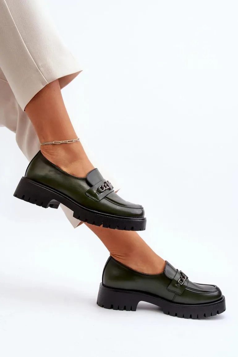 Skórzane Mokasyny Damskie Z Ozdobą Ciemnozielone Loraleima