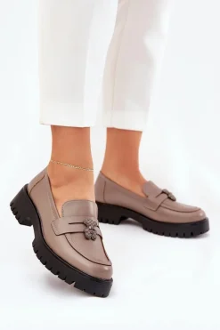 Skórzane Mokasyny Damskie Z Przypinką Miś Vinceza 18109 Beżowe