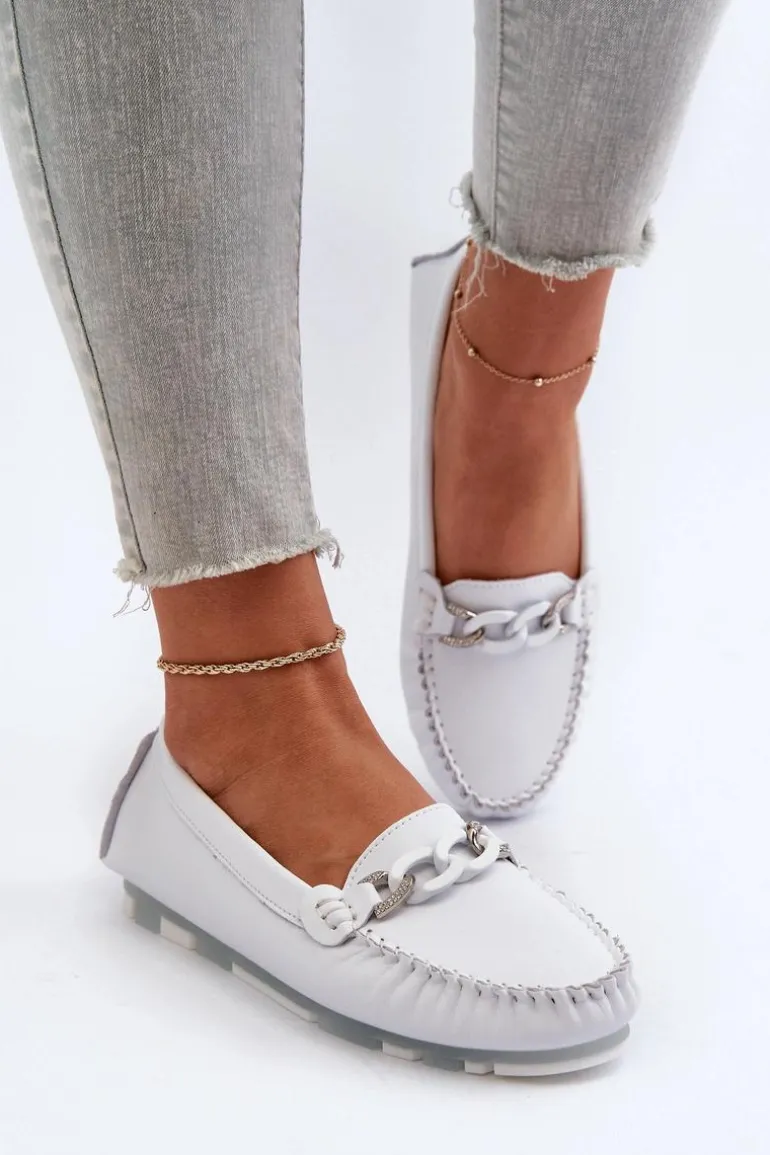 Skórzane Mokasyny Damskie Z Ozdobą Białe S.Barski LR339