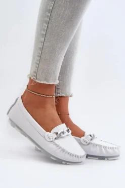 Skórzane Mokasyny Damskie Z Ozdobą Białe S.Barski LR339