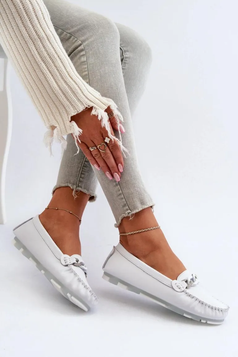 Skórzane Mokasyny Damskie Z Ozdobą Białe S.Barski LR339