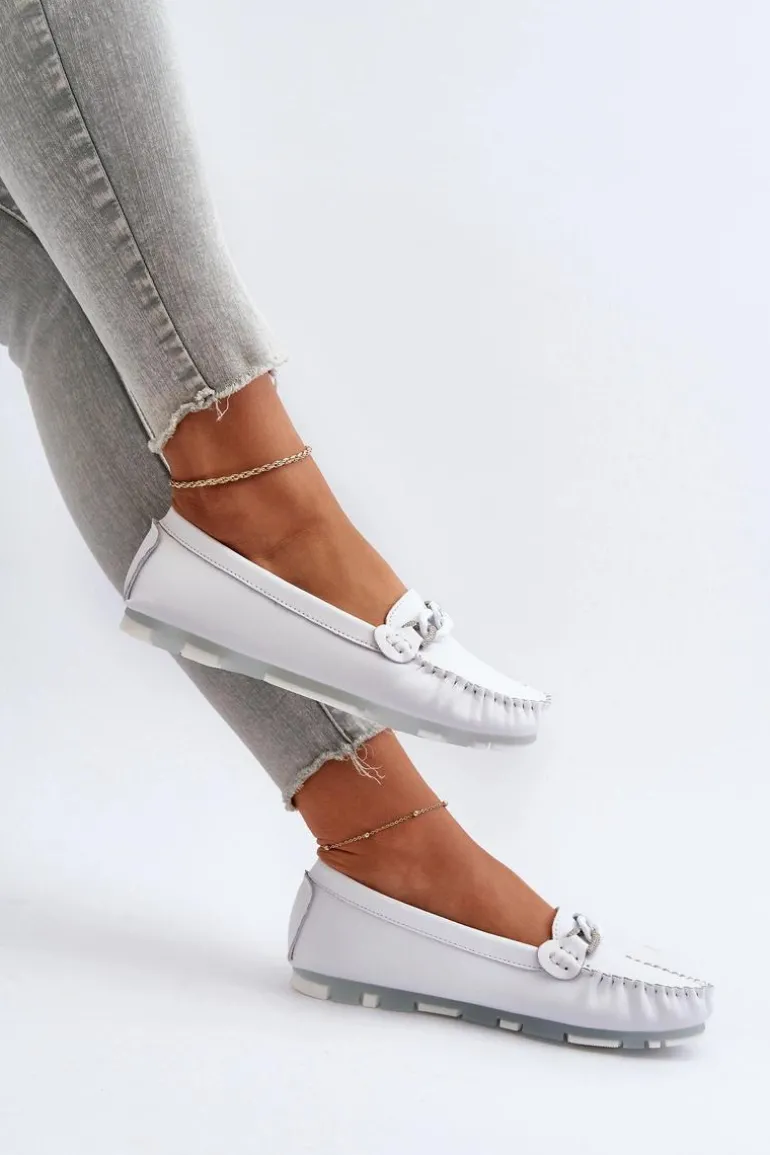 Skórzane Mokasyny Damskie Z Ozdobą Białe S.Barski LR339