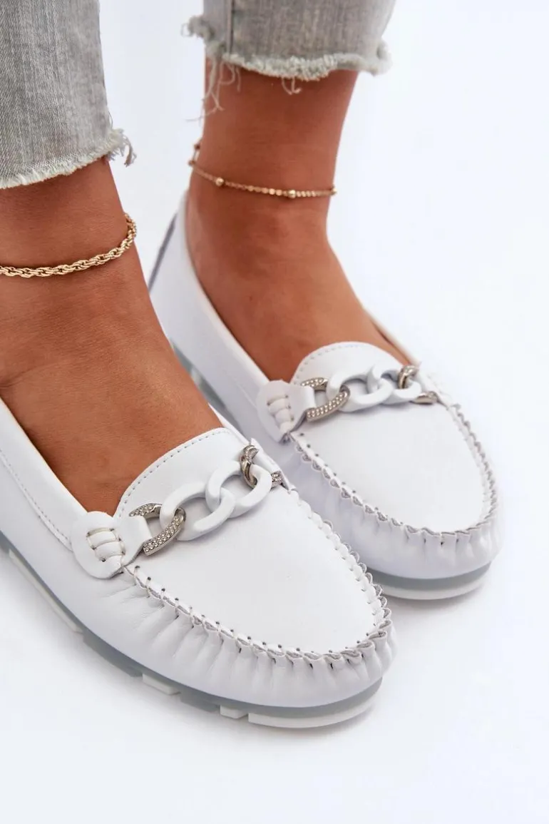 Skórzane Mokasyny Damskie Z Ozdobą Białe S.Barski LR339