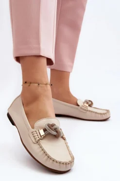 Skórzane Mokasyny Damskie Z Ozdobą Laura Messi 2761 Jasnobeżowe