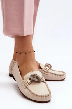 Skórzane Mokasyny Damskie Z Ozdobą Laura Messi 2761 Jasnobeżowe