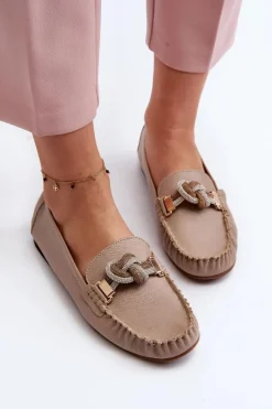 Skórzane Mokasyny Damskie Z Ozdobą Laura Messi 2761 Beżowe