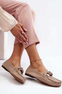 Skórzane Mokasyny Damskie Z Ozdobą Laura Messi 2761 Beżowe