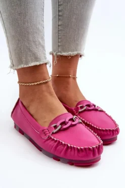 Skórzane Mokasyny Damskie Z Ozdobą Fuksja S.Barski LR339
