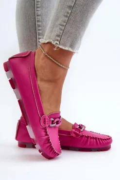 Skórzane Mokasyny Damskie Z Ozdobą Fuksja S.Barski LR339