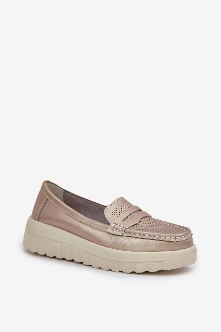 Skórzane Mokasyny Damskie Na Platformie I Koturnie Różowe Złoto Elanindel