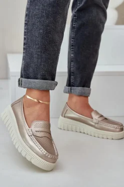 Skórzane Mokasyny Damskie Na Platformie I Koturnie Różowe Złoto Elanindel