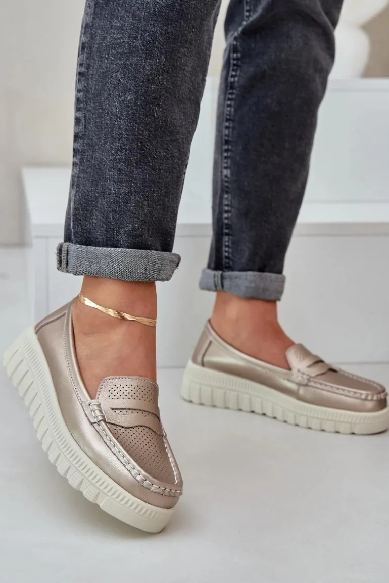 Skórzane Mokasyny Damskie Na Platformie I Koturnie Różowe Złoto Elanindel