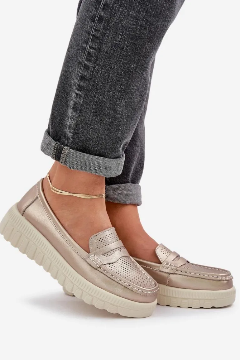 Skórzane Mokasyny Damskie Na Platformie I Koturnie Różowe Złoto Elanindel