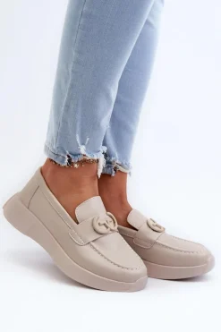 Skórzane Mokasyny Damskie Na Platformie Beżowe S.Barski LR490