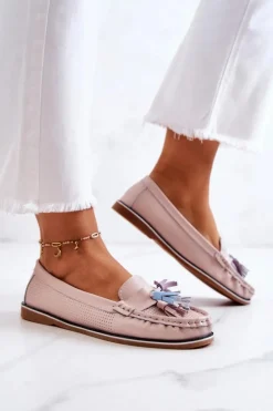 Skórzane Mokasyny Damskie Z Frędzlami Różowe Laressa