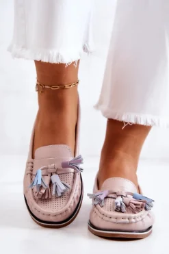 Skórzane Mokasyny Damskie Z Frędzlami Różowe Laressa