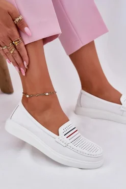 Skórzane Mokasyny Damskie Białe Dovema