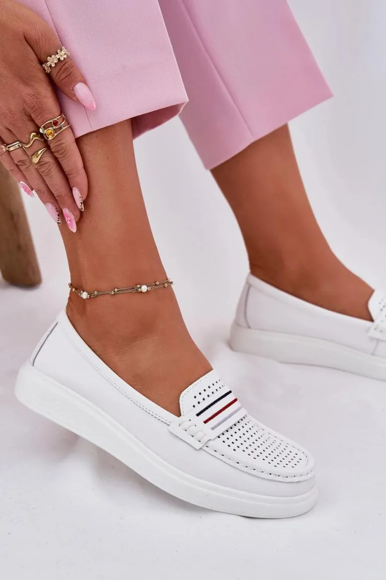 Skórzane Mokasyny Damskie Białe Dovema