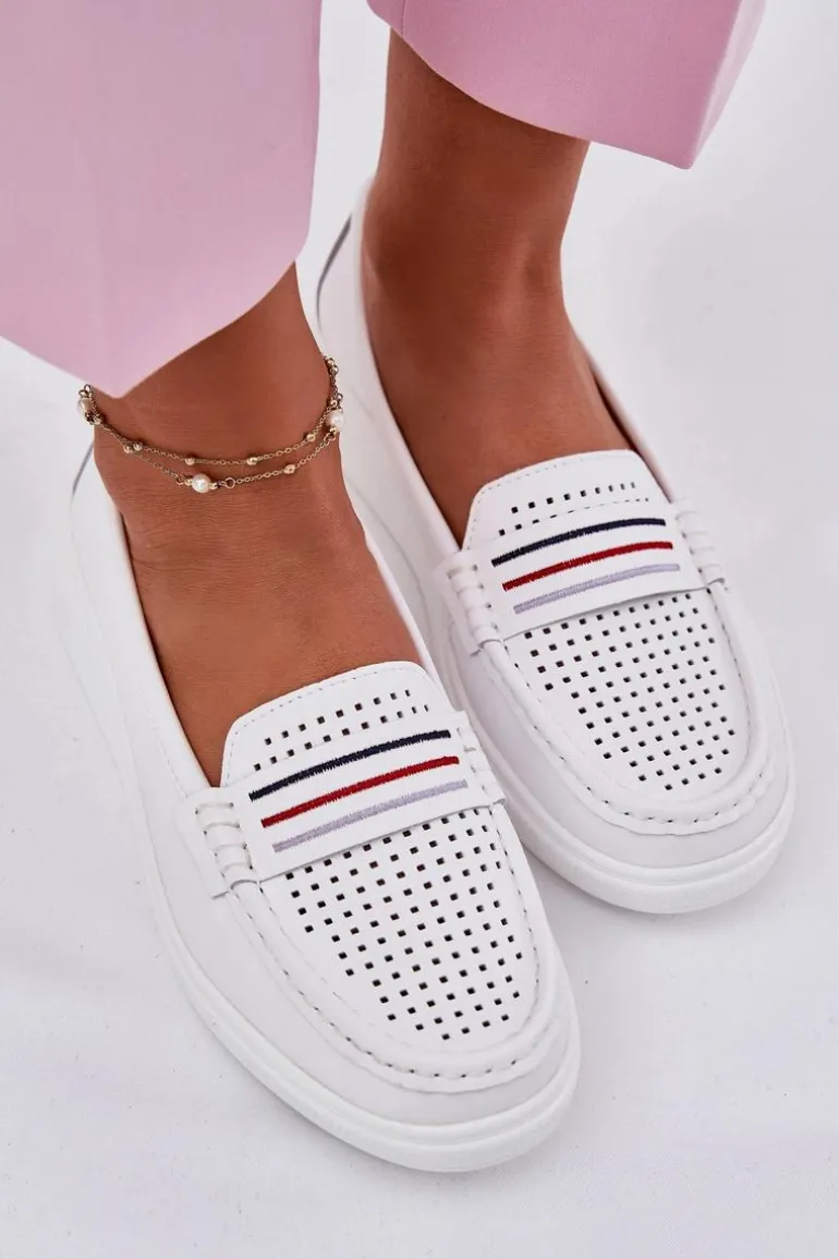 Skórzane Mokasyny Damskie Białe Dovema