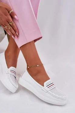 Skórzane Mokasyny Damskie Białe Dovema