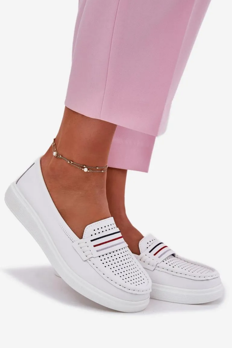 Skórzane Mokasyny Damskie Białe Dovema