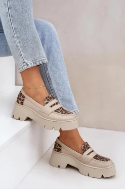 Skórzane Mokasyny Damskie Na Platformie I Płaskim Obcasie Panterka Zazoo 20191 Jasnobeżowe