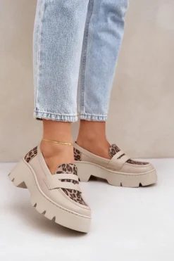 Skórzane Mokasyny Damskie Na Platformie I Płaskim Obcasie Panterka Zazoo 20191 Jasnobeżowe