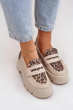 Skórzane Mokasyny Damskie Na Platformie I Płaskim Obcasie Panterka Zazoo 20191 Jasnobeżowe