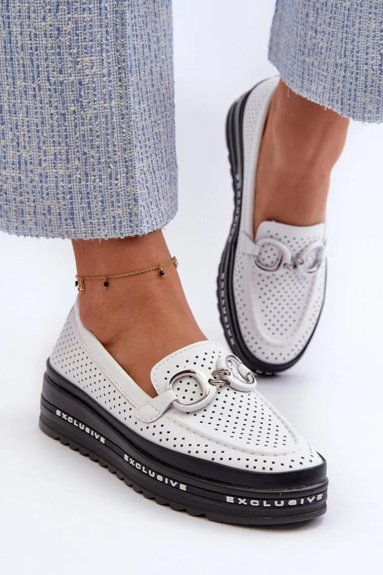 Skórzane Mokasyny Damskie Na Platformie Z Ozdobą S.Barski LR750 Białe