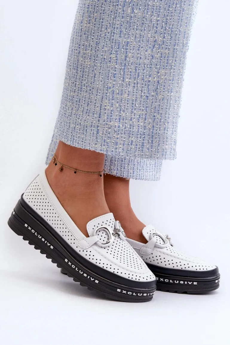 Skórzane Mokasyny Damskie Na Platformie Z Ozdobą S.Barski LR750 Białe