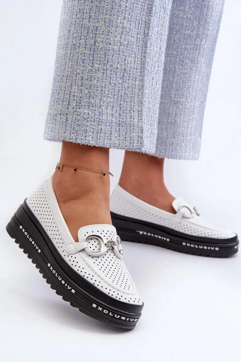 Skórzane Mokasyny Damskie Na Platformie Z Ozdobą S.Barski LR750 Białe