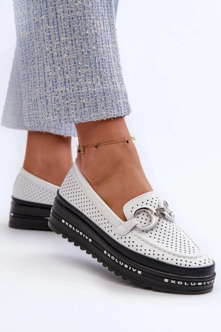 Skórzane Mokasyny Damskie Na Platformie Z Ozdobą S.Barski LR750 Białe