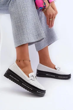 Skórzane Mokasyny Damskie Na Platformie Z Ozdobą S.Barski LR750 Białe