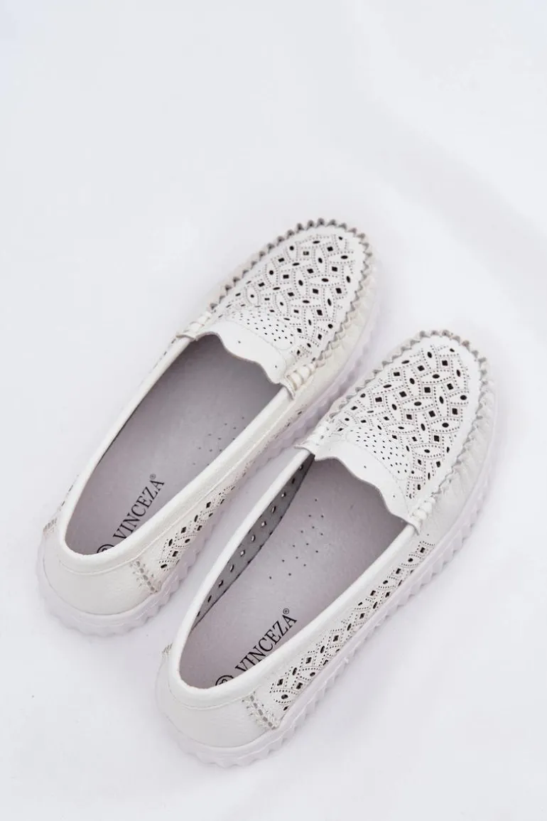 Skórzane Mokasyny Damskie Z Ażurowym Wzorem Vinceza 88028 Białe