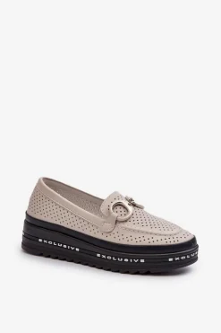 Skórzane Mokasyny Damskie Na Platformie Z Ozdobą S.Barski LR750 Beżowe