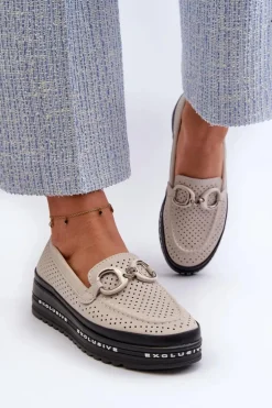 Skórzane Mokasyny Damskie Na Platformie Z Ozdobą S.Barski LR750 Beżowe