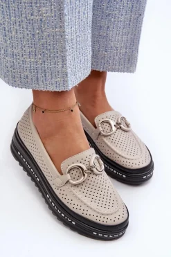 Skórzane Mokasyny Damskie Na Platformie Z Ozdobą S.Barski LR750 Beżowe