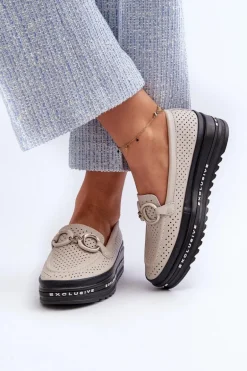 Skórzane Mokasyny Damskie Na Platformie Z Ozdobą S.Barski LR750 Beżowe