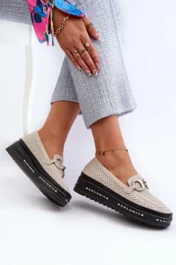 Skórzane Mokasyny Damskie Na Platformie Z Ozdobą S.Barski LR750 Beżowe